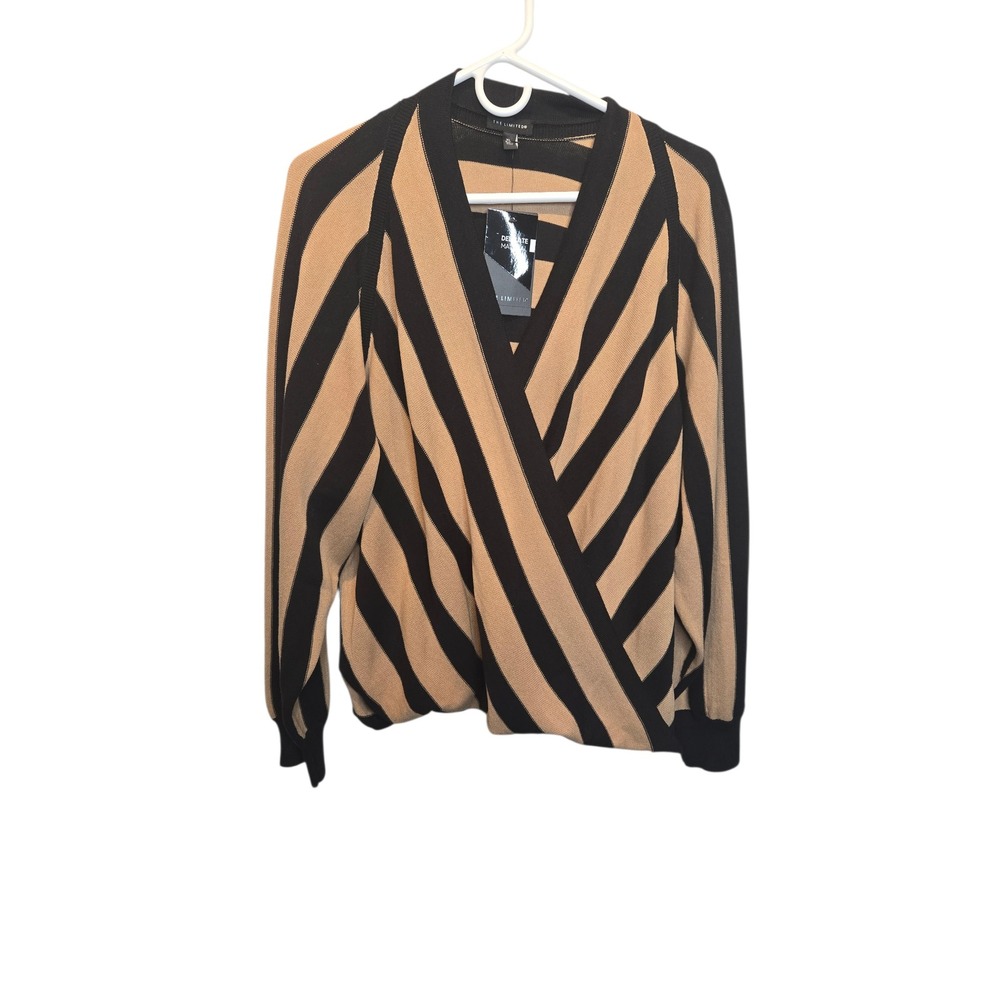The Limited Surplice Sweater Womens XL Camel Black Striped V-Neck Knit Top Wrap